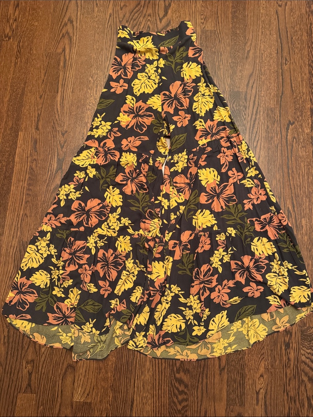 🤪🤪 FREE PEOPLE Floral A-Line Maxi Skirt in Black with Yellow & Coral Flowers
